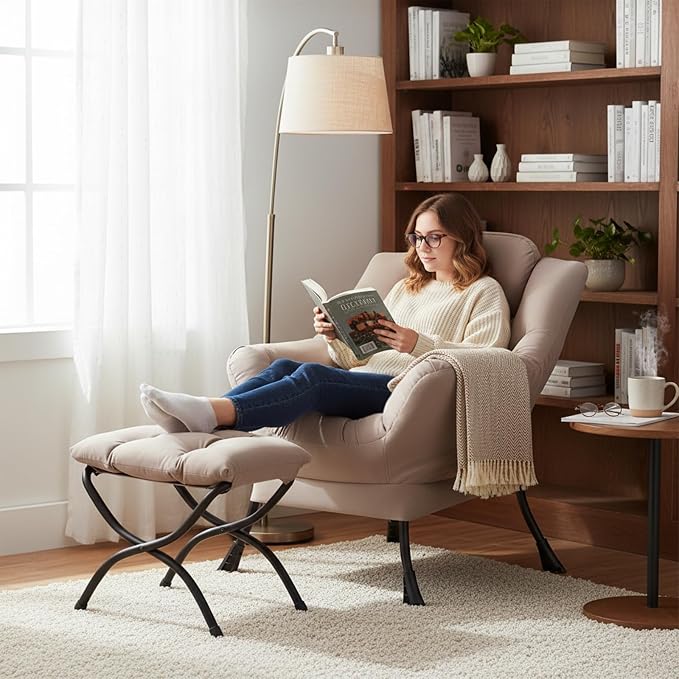 Welnow Lazy Chair with Ottoman, Reading Chair with Footrest，Khaki | A Side - Image 8