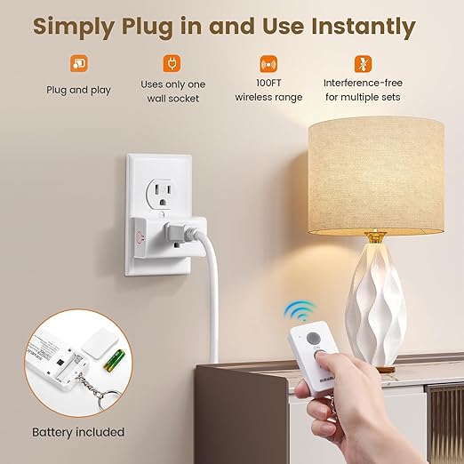 SURAIELEC Remote Control Outlet, Wireless Light Switch - Keychain Remote, 15 AMP, 100FT Range, No Interference, Remote Light Switch Kit for Lamp, Fan, Christmas Tree Light, Household Appliance