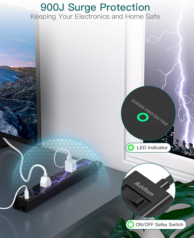 15Ft Extension Cord - Addtam Long Cord Power Strip with 6 AC Outlets and 4 USB Ports(2USB C), Wall Mount with Surge Protection, Multi Plug Outlets for Home Office College Dorm Room Essentials
