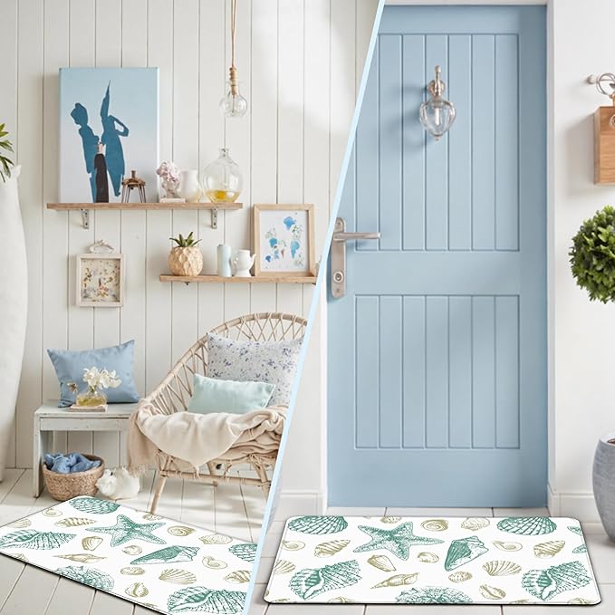 Kitchen Mats for Floor Cushioned Anti Fatigue Sets of 2 Beach Theme Kitchen Rugs Non Slip Waterproof Coastal Foam Kitchen Floor Rug Nautical Seashell Comfort Standing Mat For Sink Laundry, Green