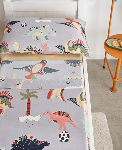 UOZZI BEDDING 4 Piece Gray Dinosaurs Toddler Bedding Set with Colorful Dinos Boys Bed Comforter Sheet Set