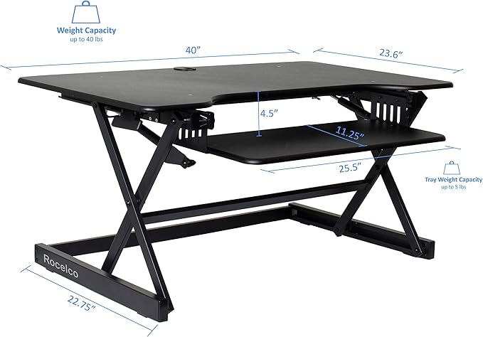 Rocelco 40" Large Height Adjustable Standing Desk Converter - Quick Sit Stand Up Dual Monitor Riser - Gas Spring Assist Computer Workstation - Retractable Keyboard Tray - Black (R DADRB-40)