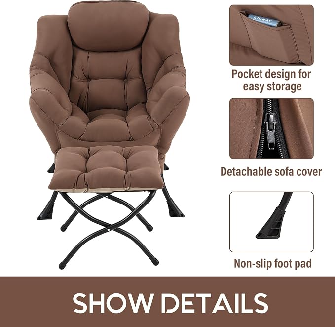 Lazy Chair with Ottoman, Comfy Accent Reading Chair, Dark Brown | Foldable - Image 4