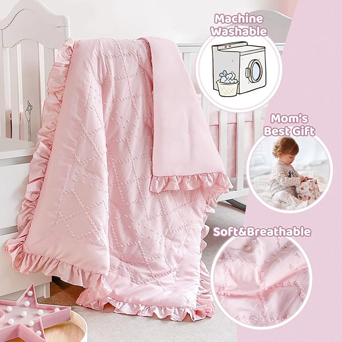 Wowelife Boho Mini Crib Bedding Set for Girls, 3 Piece Tufted Jacquard Ruffle Fringe Baby Girl Crib Bedding Set Newborn, Infant & Nursery with Comforter, Crib Fitted Sheet and Crib Skirt, Pink