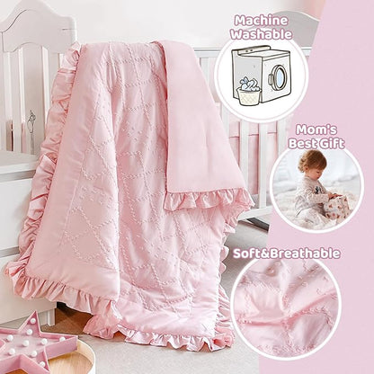 Wowelife Boho Mini Crib Bedding Set for Girls, 3 Piece Tufted Jacquard Ruffle Fringe Baby Girl Crib Bedding Set Newborn, Infant & Nursery with Comforter, Crib Fitted Sheet and Crib Skirt, Pink