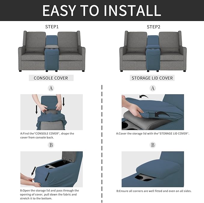 Easy-Going 2-Piece Recliner Console Cover for Reclining Loveseat Covers Stretch Jacquard Middle Console Cover for Recliner Couch and Sofa Bluestone