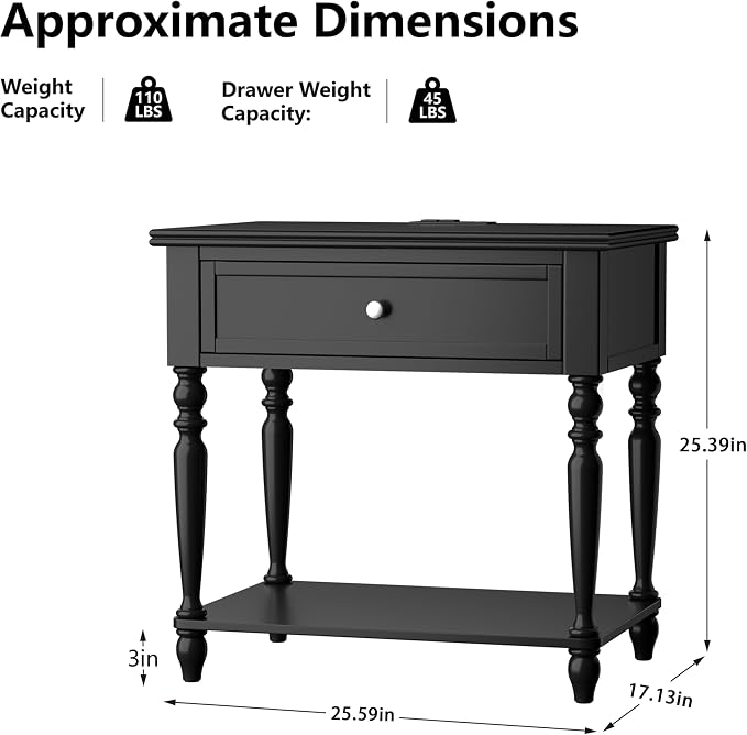 Solid Wood Nightstand with Charging Station, Traditional End Table with Drawers - Image 2
