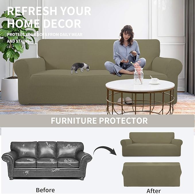 Easy-Going Stretch Oversized Sofa Slipcover 1-Piece Sofa Cover Furniture Protector Couch Soft with Elastic Bottom for Kids, Polyester Spandex Jacquard Fabric Small Checks Khaki