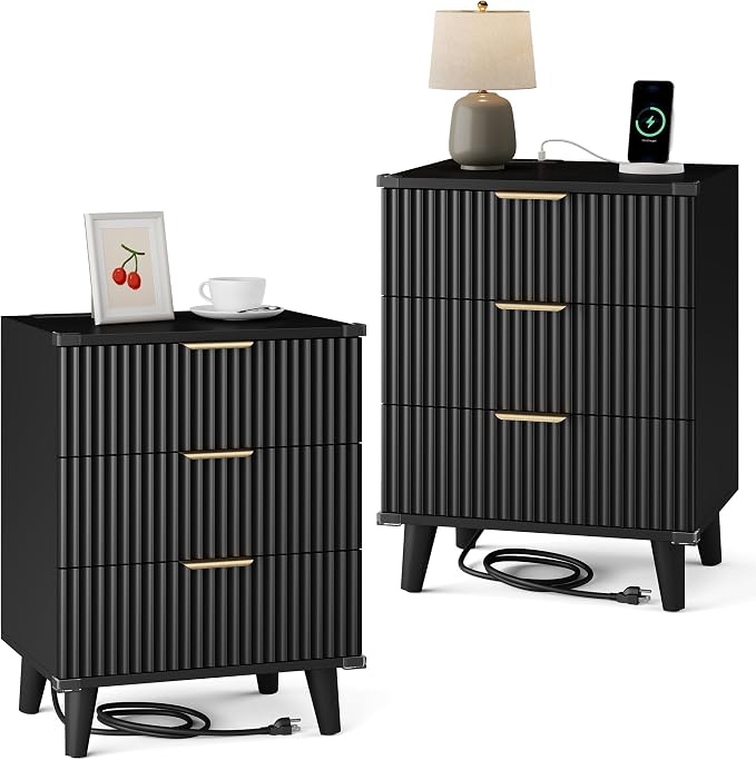 Wood Nightstands Set of 2 w/Charging Station, 3 Drawers Fluted Dresser | Black by Lulive