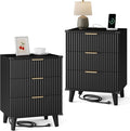 Wood Nightstands Set of 2 w/Charging Station, 3 Drawers Fluted Dresser | Black by Lulive
