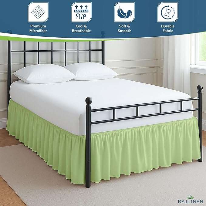 Rajlinen Ruffled Bed Skirt King, 15 Inch Drop Dust Ruffle with Split Corners, 100% Microfiber Bedskirt with Platform, Three-Sided Coverage Ruffled Gathering Design, Sage