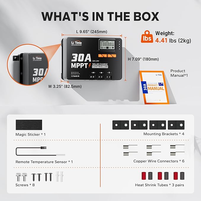 LiTime 30 Amp MPPT 12V/24V/Auto DC Input Solar Charge Controller Build-in Bluetooth Module, Parameter Adjustable LCD Display LED Indicators Solar Panel
