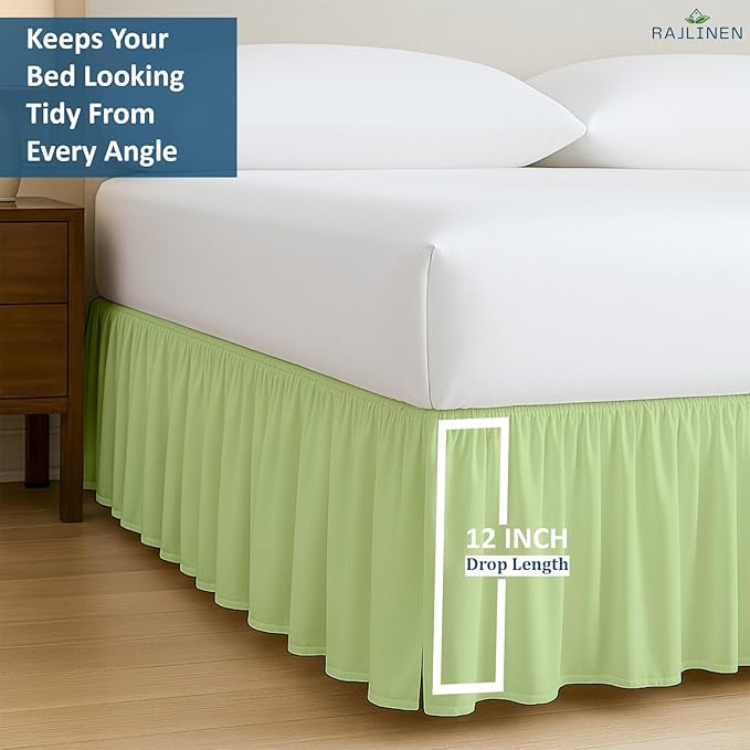 Rajlinen Ruffled Bed Skirt King, 12 Inch Drop Dust Ruffle with Split Corners, 100% Microfiber Bedskirt with Platform, Three-Sided Coverage Ruffled Gathering Design, Sage