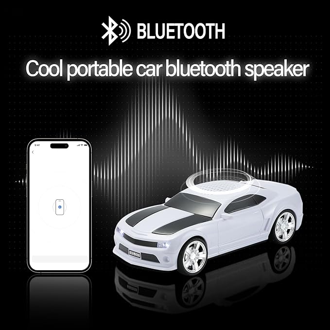 WSTER Sports Car Model Bluetooth Speaker with Stereo Sound, TWS Pairing, LED Party Lights, USB/TF Playback, Movable Wheels, Unique Retro Car Gifts (White)