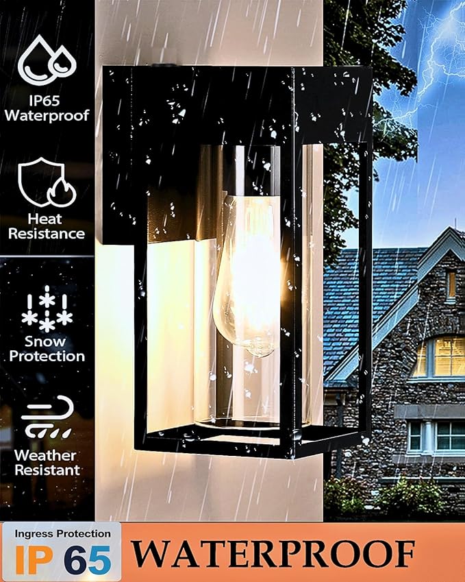 LWSOY 2-Pack Outdoor Wall Light Fixtures, Waterproof Exterior Wall Lanterns, Porch Lights with E26 Sockets & Cylinder Glass Shades, Modern Matte Black Wall Sconce for Porch Patio Garage