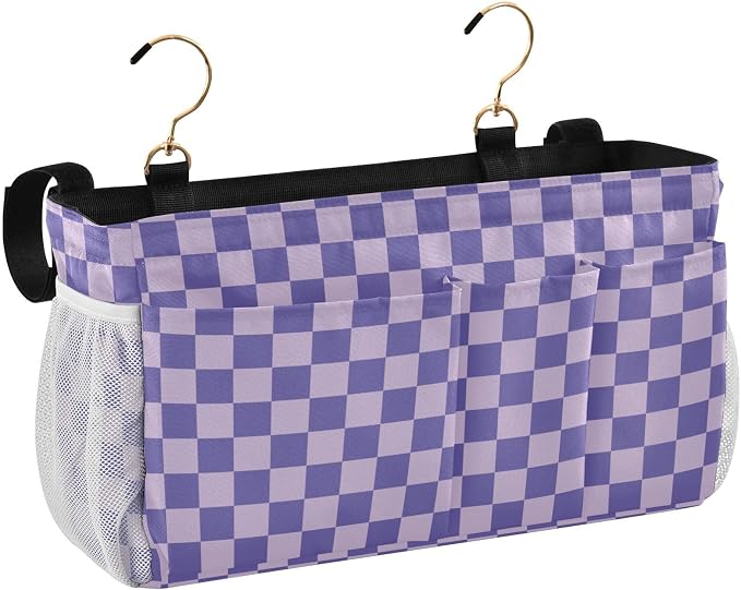 Purple Checkerboard Print Bedside Caddy Storage Bag Bedside Organizer by KOPIRIT