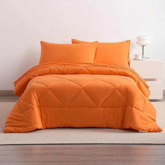 5-Piece Twin Comforter Set with Sheets – Soft and Breathable All-Season Twin Bed in a Bag, Down Alternative Comforter Set for Kids or Teens, Orange