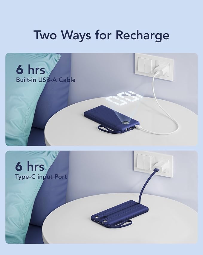 VRURC Portable Charger for iPhone, USB C Power Bank 10000mAh, Slim Travel Battery Pack with Built in Cables, 5 Outputs 2 Input Portable Phone Charger for iPhone 17 16 15 14 13, Samsung, Android-Navy