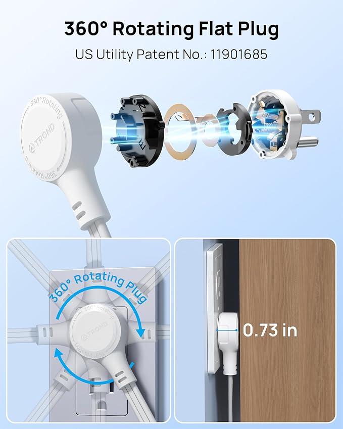 TROND 360° Rotating Flat Plug Power Strip 1.5ft, 4 Widely AC Outlets, Wall Mount - Image 2
