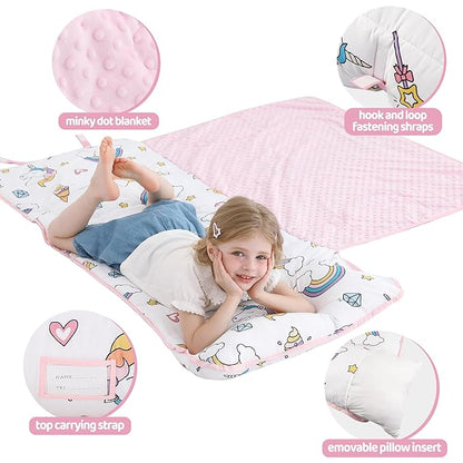 Viviland Toddler Kid Nap Mat for Preschool, White Unicorn Slumber Bag, Daycare Sleeping Bag with Pillow and Blanket, Kindergarten Sleep Mat