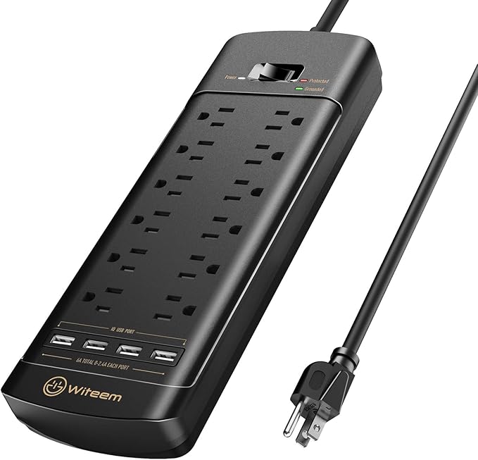 Witeem Surge Protector Power Strip - 12 Outlets,4 USB 6A Ports, 6Ft Extension Cord, 1875W/15A, 4360Joules, Overload Protection - Ideal for Home & Office Use (Black-USB6A)