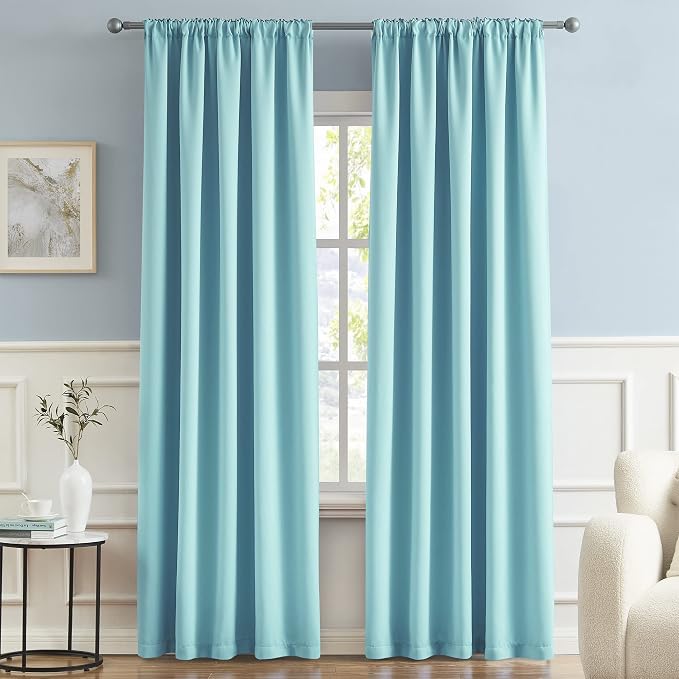 Aqua Color Curtains for Bedroom Rod Pocket Back Tab Window Treatment Panels - Image 2