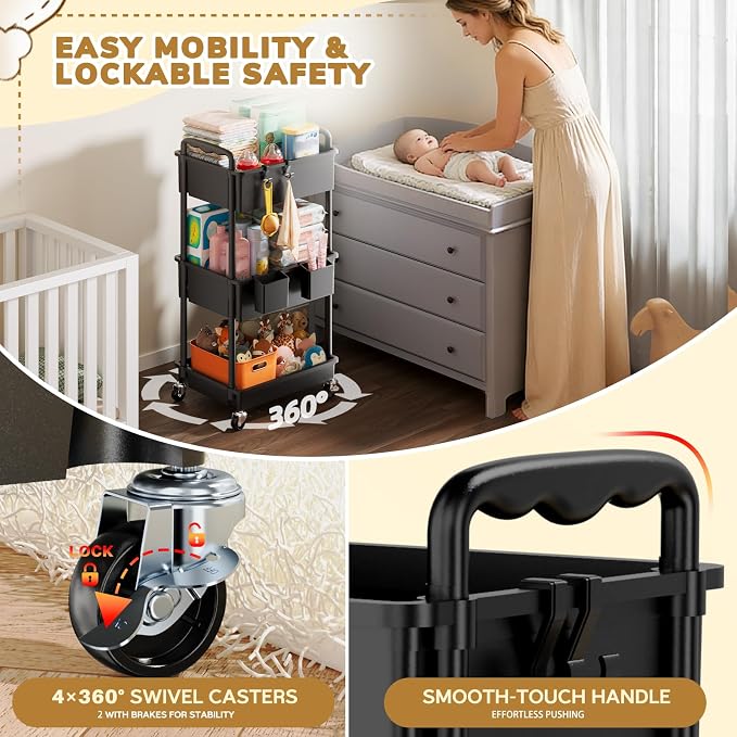 Goovilla Diaper Cart with Lockable Wheels and Easy Assembly, 3 Tier Black | - Image 5