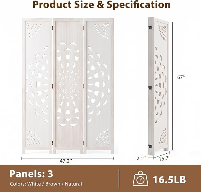 3 Panel Room dividers, 66.9" Boho Double-Sided Carved Screen, Freestanding - Image 5