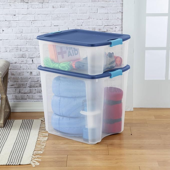 Sterilite 8-Pack Latch and Carry, Clear Plastic Storage Bins with Latching Lids and Full-Grip Handles, 27 Gallon