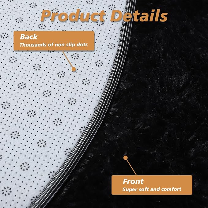 Black Round Shag Area Rug for Bedroom, Washable Fuzzy Carpet for Room Boys - Image 4