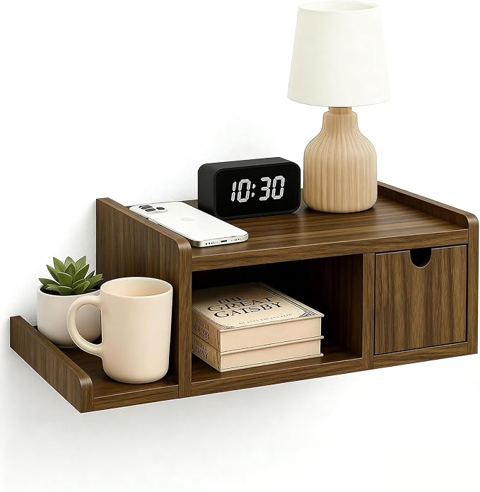 Floating Nightstand Wall Mounted, Walnut Bedside Table by DONGRONG