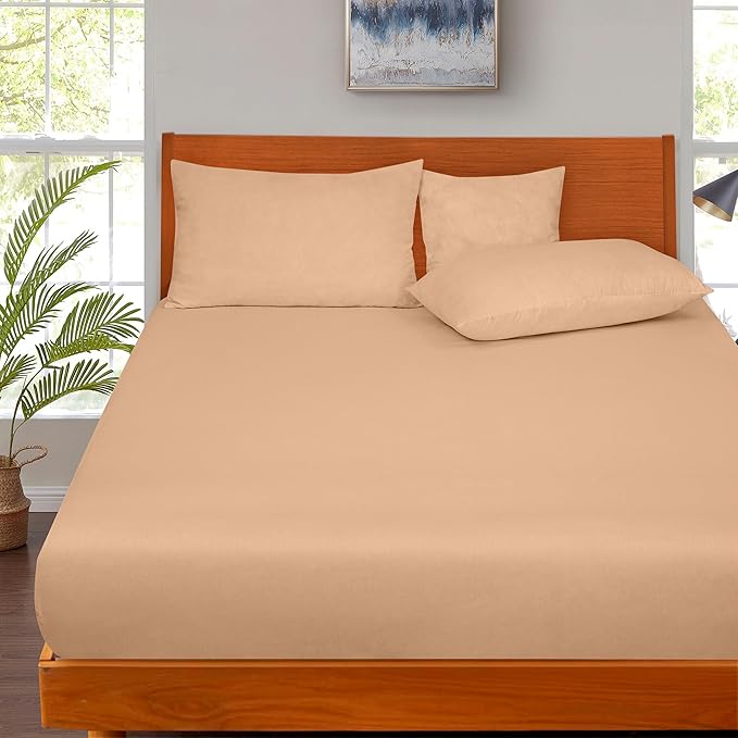 ROYALE LINENS 300 Thread Count 100% Long Staple Combed Cotton Fitted Sheet Queen - Super Soft Deep Pocket Bottom Sheet - Fitted Sheets Only - Elastic Sheets (Queen, Sand)