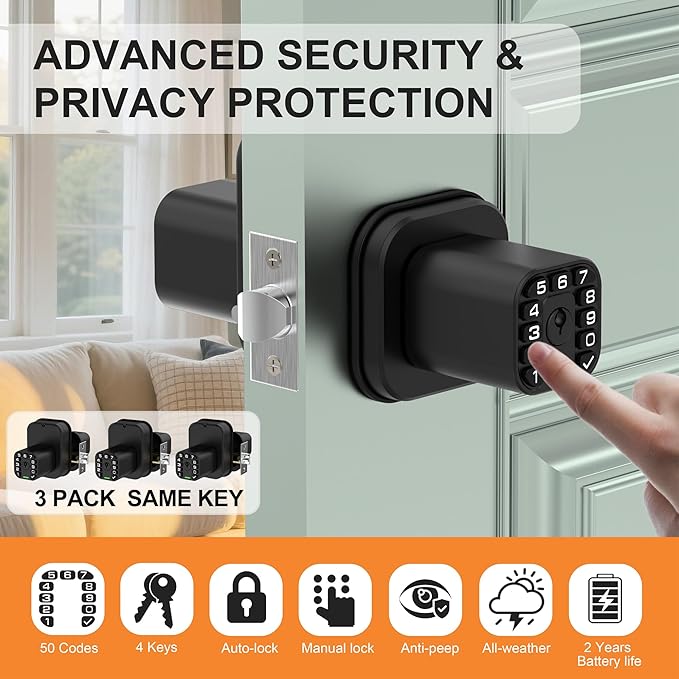 Richelock IU52 Double-Sided Keypad Door Lock, All-Weather, Fully Waterproof Keyless Entry with Dual-Sided Programmable Codes, Same Key Both Sides for Outdoor, Indoor, Gate & Fence