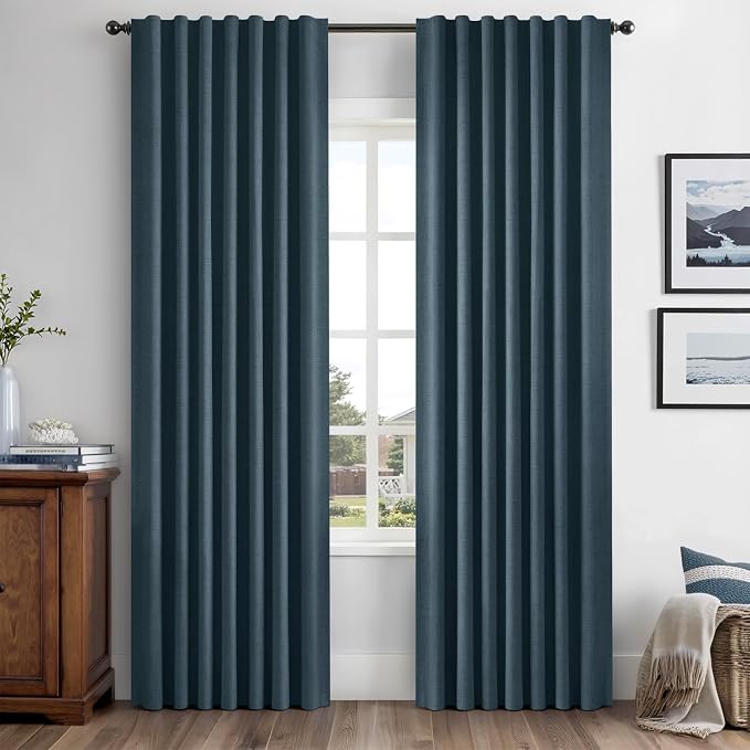 MIULEE 100% Blackout Linen Curtains 42 x 90 Inch Navy Blue 2 Panels | Thermal by MIULEE