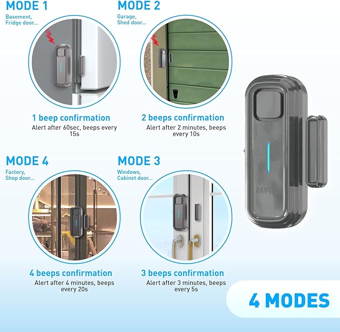 Daytech Refrigerator & Freezer Door Alarm - Adjustable 1-4 Minute Delay, 0-120dB Adjustable Siren, Door/Window Sensor for Home or Business (2 Pack, Grey)