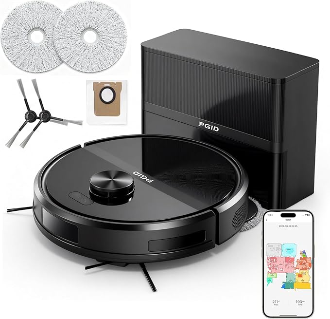 PGID Self-Emptying Robot Vacuum Cleaner, Robot Vacuum and Mop,FlexiArm Edge Mopping,5000Pa Suction, Dual Zero-Tangle System, Smart Obstacle Avoidance