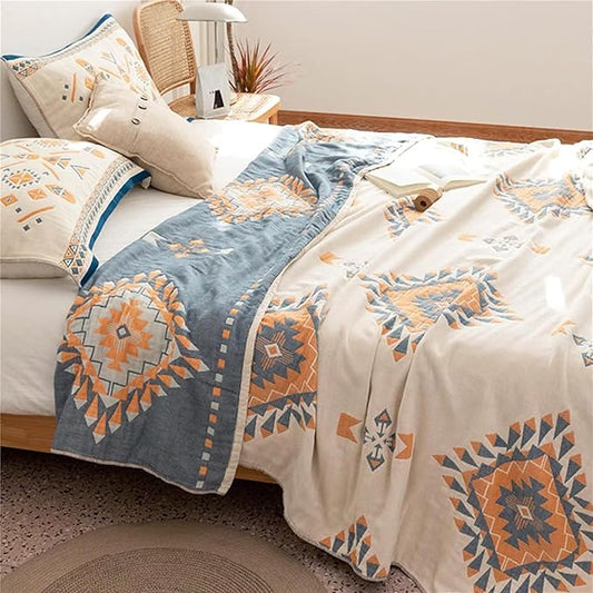 100% Cotton Throw Blankets for Couch Bed Chair Sofa,Cotton Quilt Throw Woven Boho Bed Blankets,Versatile Knit Woven Super Soft Decorative Blanket for Women,80''Wx 90''L