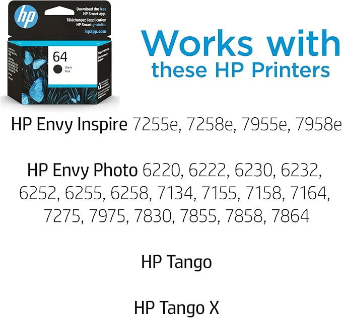 HP 64 Black Ink Cartridge | Works with Envy Inspire 7250e, 7950e, Envy Photo 6200, 7100, 7200, 7800, 7900, Tango Series | Eligible for Instant Ink | N9J90AN