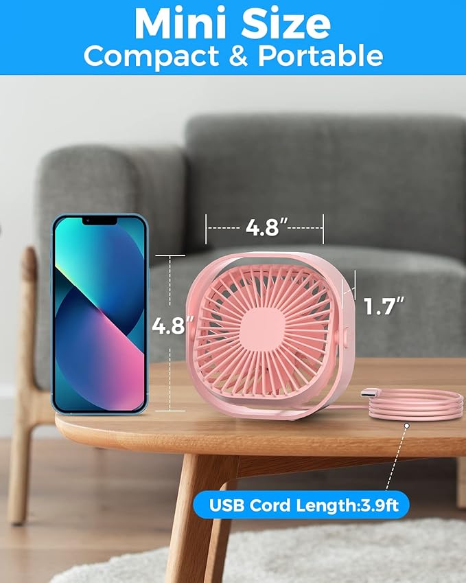 RJVW 4 Inch Small USB Desk Fan, 3-Speed Portable & 360°Rotatable Mini Cooling Fan, USB-Powered Desktop Fan for Home Office Bedroom Dorm Indoor Outdoor Summer Gift