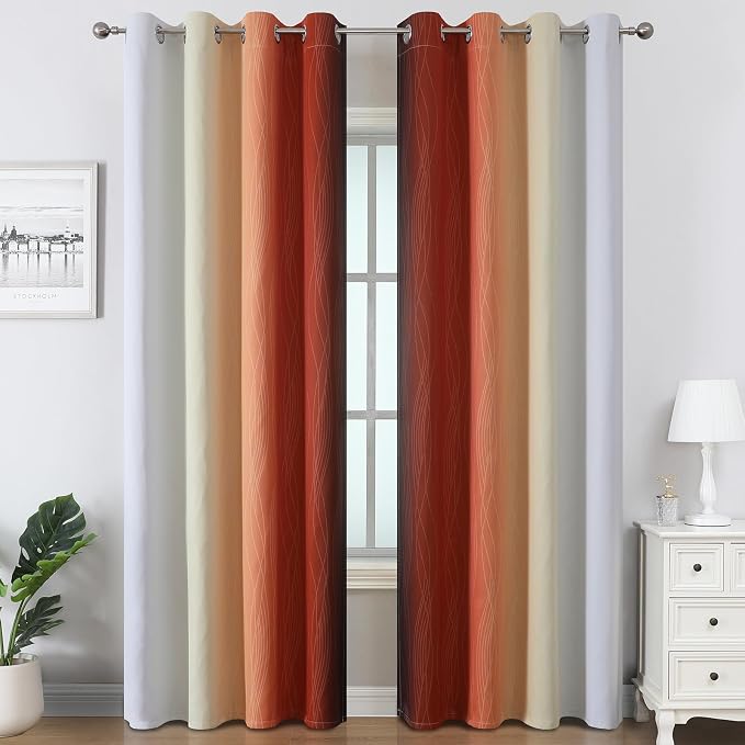 Burnt Orange and Greyish White Ombre Blackout Curtains 52Wx96L Inch Long | - Image 2