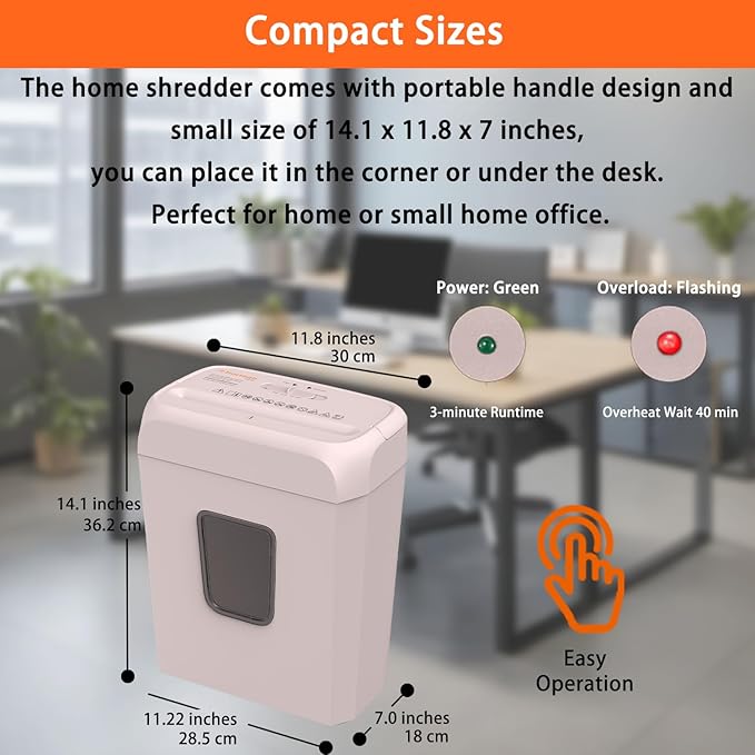 Bonsaii Compact Design for Business Paper Shredder, 6-Sheet Cross-Cut, Credit Card Shredder, Home Office, Handle for Document, Mail, Staple, 3.4 Gal Wastebasket, Pink