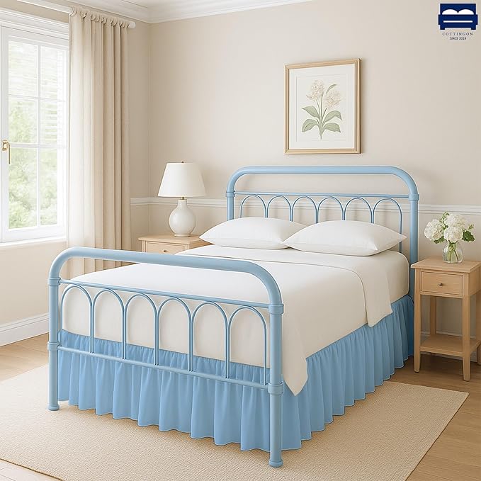 Cottingon Bed Skirt Full 21" Drop with Split Corners, 100% Microfiber Soft and Stylish, Dust Ruffle with Platform, Light Blue