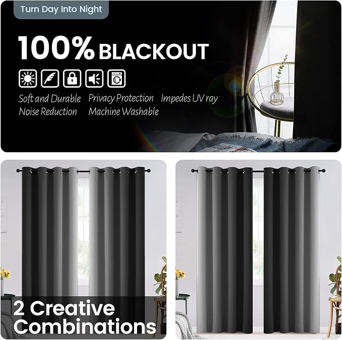SimpleHome 100% Blackout Ombre Bedroom Curtains Black and Greyish White - Image 3