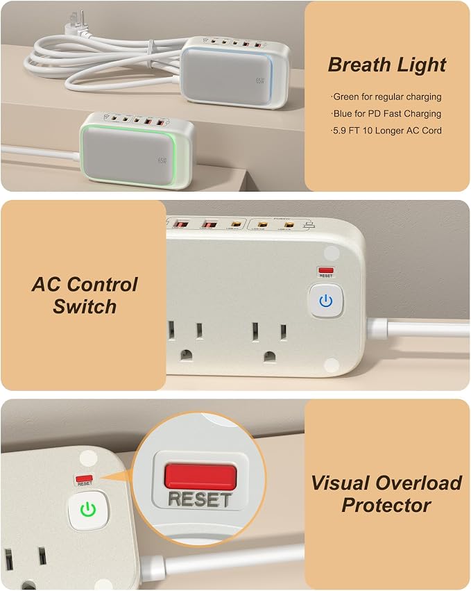Travel Power Strip with PD65W Fasting Charging 7-in-1 USB C Charging Station - Image 7