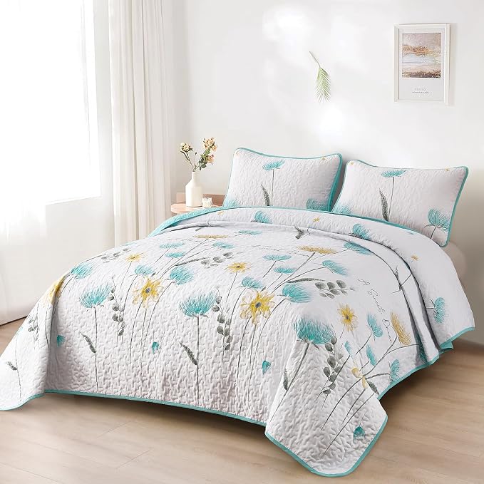 Dinjoy Aqua Quilt Set Full, Floral Botanical Bedspread - Image 6