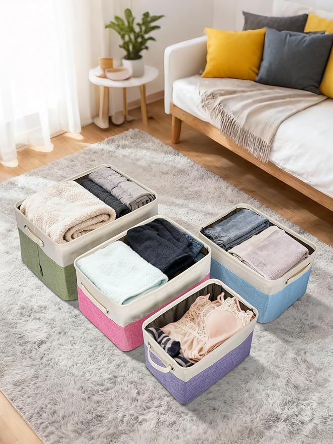 BALEINE 1 Pack Fabric Storage Bins for Shelves, Linen Storage Baskets for Organizing, Decorative Closet Bins for Clothes, Home (Green, 14''x10''x8.5'')