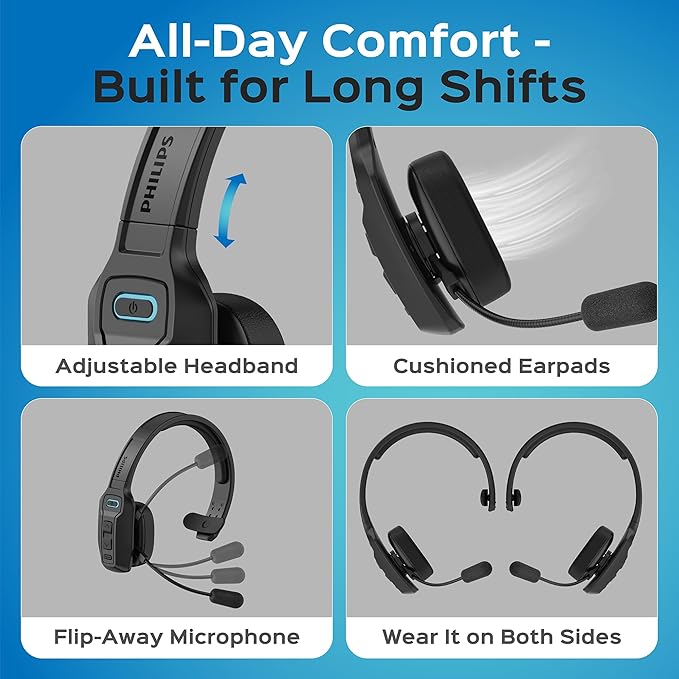 Philips Trucker Bluetooth Headset with Mic, Wireless Single Ear Trucker Headset with AI Noise-Canceling Microphone & Mute Button, All Day Extended Playtime, Headphones for Truck Drivers, Home, Office