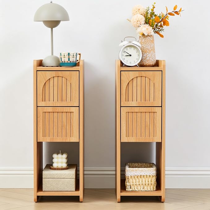 Narrow Nightstand Set of 2, Wooden Small 2 Drawer Nightstand, Slim Side End by FurSchFurniture