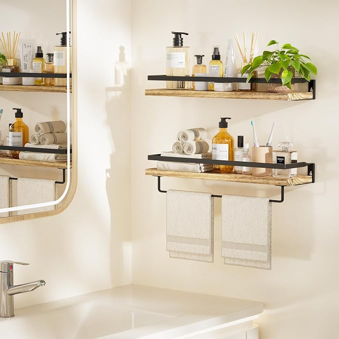 Amada Bathroom Shelves with Towel Bar, Light Brown | Floating Shelves with - Image 2