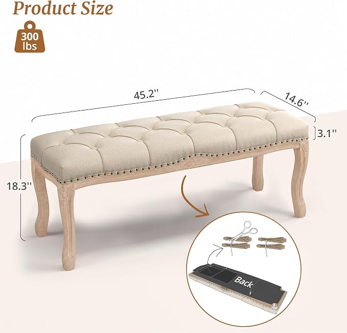 Bedroom Bench, French Vintage Tufted Entryway Bench, 45.2" Carving Upholstered - Image 3
